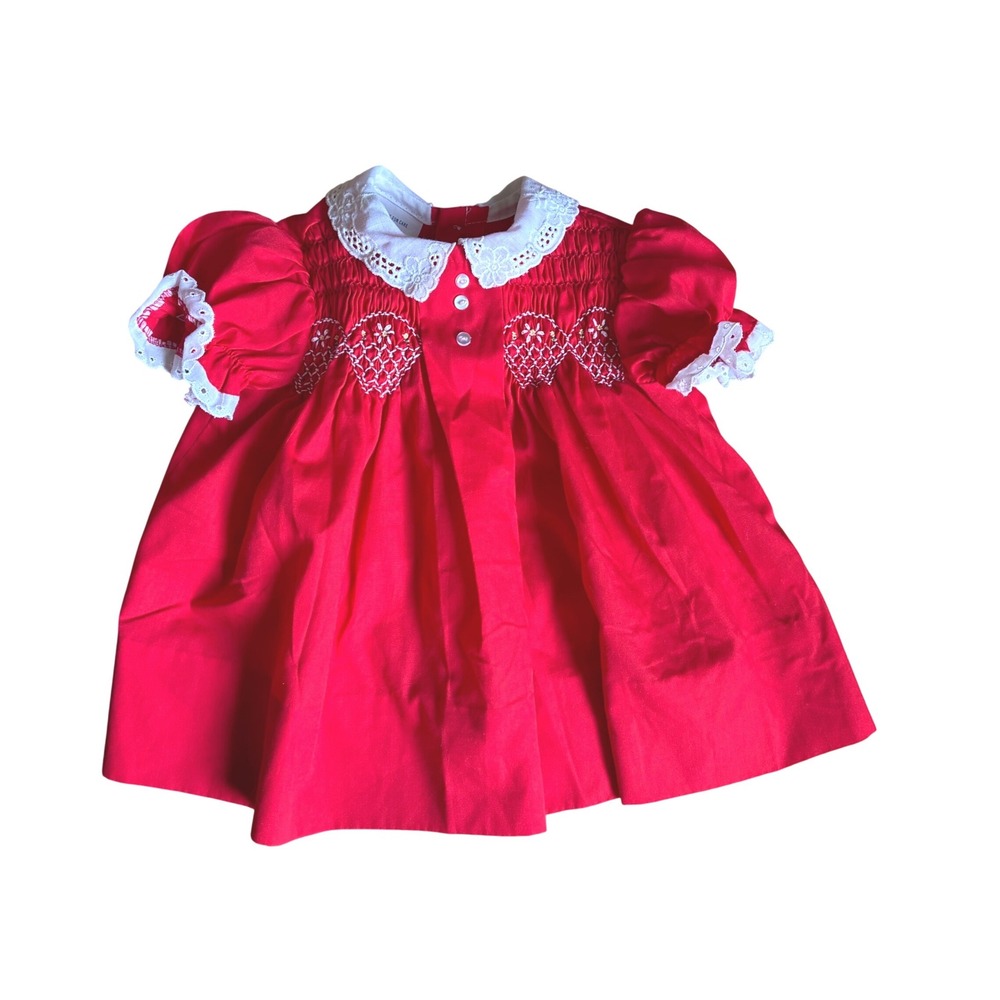 Polly Flinders Vintage Red Hand Smocked Eyelet Lace Dress 12 Months Dollcore
